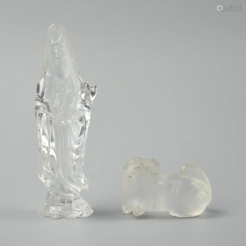 2 Chinese Crystal Figure: Guanyin&Foo Lion, Qing D