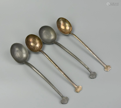 2 Chinese Silver and 2 Pewter Spoon Set, Qing D.