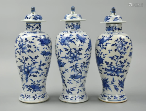 3 Chinese Blue & White Vase & Cover,Guangxu Period