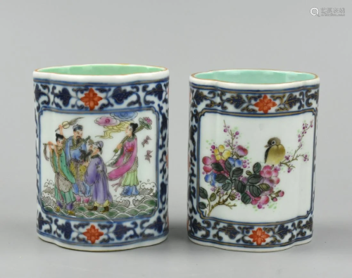 Pair Chinese Quatrefoil Vase w/ Figure&Bird,19th C