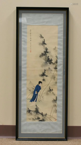 A Scroll Painting of a Woman Walking in Bamboo