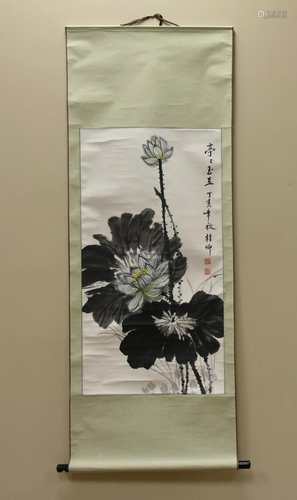 A Chinese Scroll Painting Of Lotus Flowers