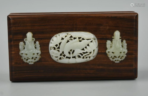 Chinese Rose Wood Box with 3 Inlaid Jade Pendants