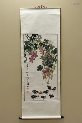 Chinese Scroll Painting of Chicks w/ Grapes