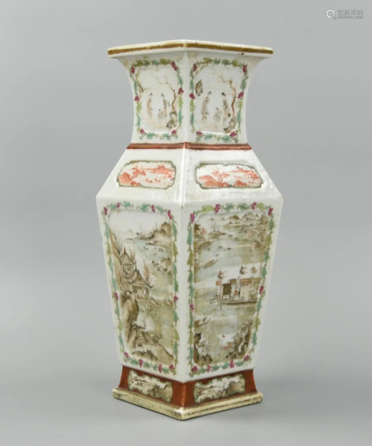 Chinese Grisaille Square Vase w/ Pavilions,ROC P