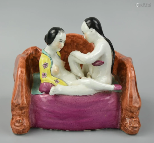 Erotic Chinese Famille Rose Figures on Love Seat