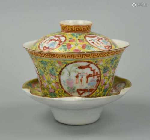 Chinese Famille Rose Yellow Teacup Set,19th C.