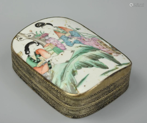 Chinese Famille Rose Porcelain Silver Box ,Qing D.