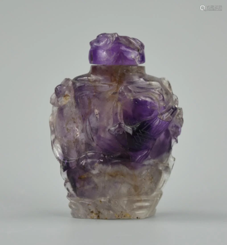 Chinese Purple Crystal Snuff Bottle w/ Partridge