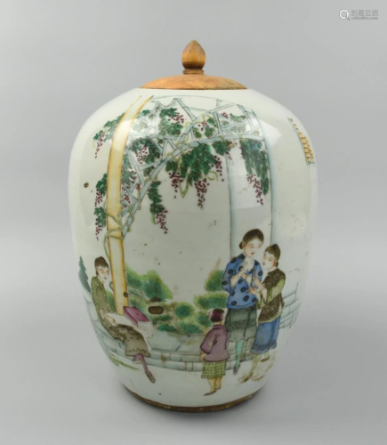 Chinese Famille Rose Jar & Wood Cover,19th C.