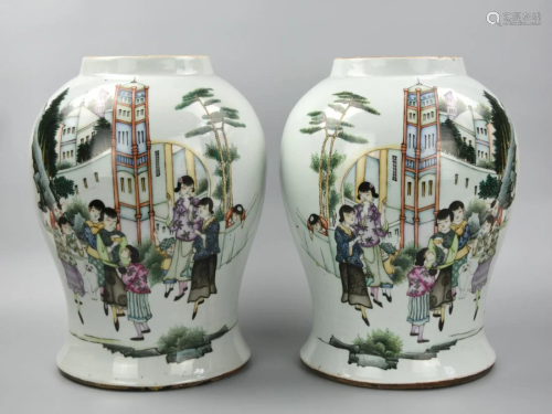 2 Chinese Famille Rose Vases w/ CIty, 20th C.