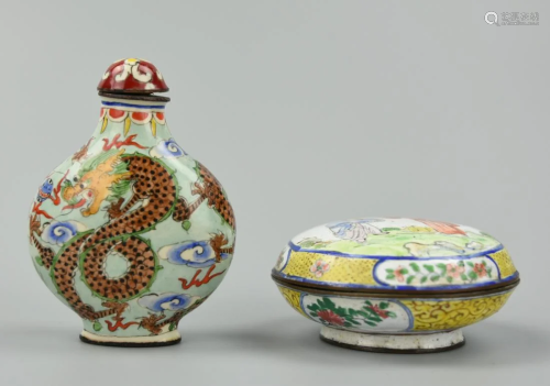 Chinese Canton Enamel Box & Snuff Bottle, Qing D.