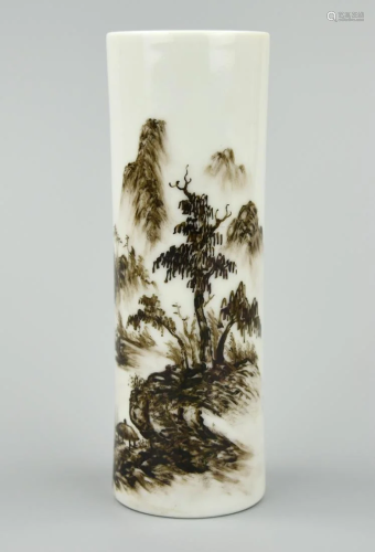 Chinese Grisaille Brush Pot w/ Tree&River, 20th C.