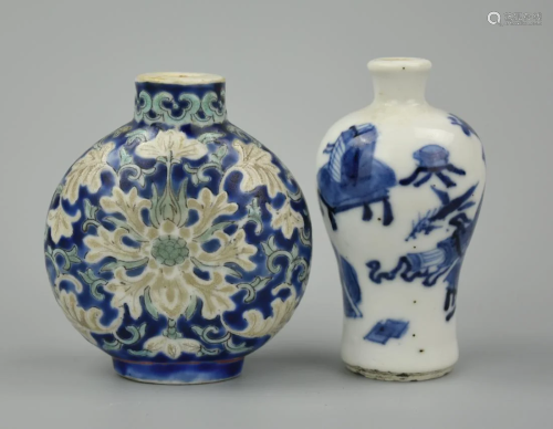 2 Chinese Snuff Bottles: B&W &Floral Decor,19th C.