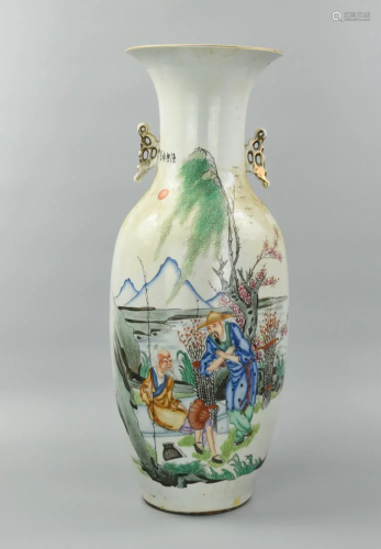 Large Chinese Famille Rose Vase with w/ Fishermen