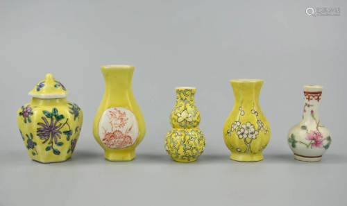 5 Chinese Mini Yellow Famille Rose Vases,19-20th C