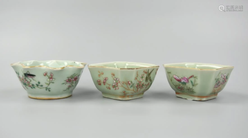 3 Chinese Celadon Flower & Insect Bowls,19th C.