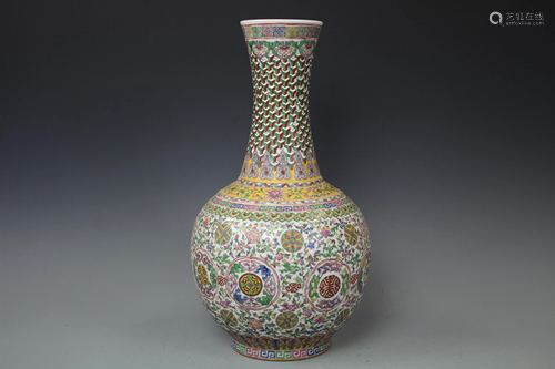 A Yellow-Ground Famille Vase, Qianlong Mark