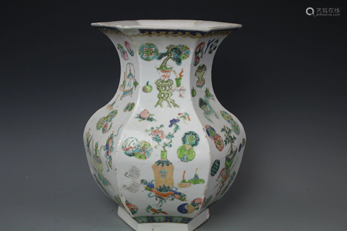 A Hexangon-Shaped Famille Vase, Qing Dynasty (M…