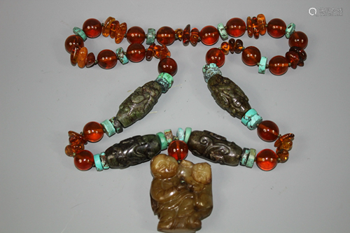 An Agate and Turquoise Necklace With Jade Pendant