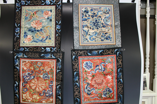 A Group of Four Embroidered Silk Panels, Qing…