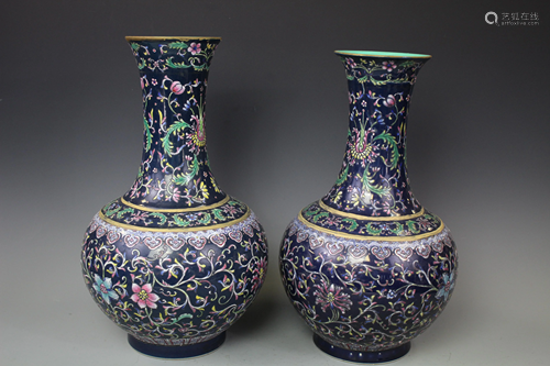 A Pair of Dark-Blue Ground Famille Vases