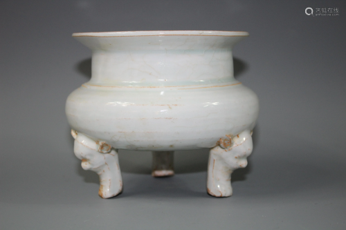 A Ying Qing Tripod Censer With Beast Craved Le…