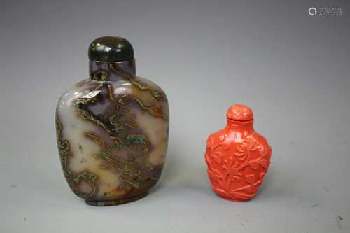 An Agate Snuff Bottle and A Peking Glass Snuff Bottle