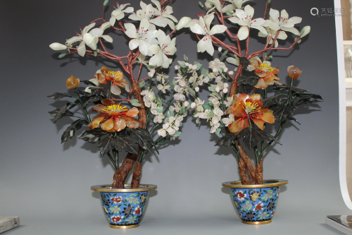 A Pair Of Agate and Jade Plants With Cloisonne En…