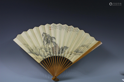 Hand Drawn Paper Fan Painting Signed by Pu Ru