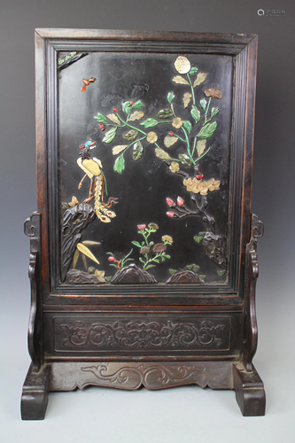 A Hardstone Inlaid Hong Mu Panel