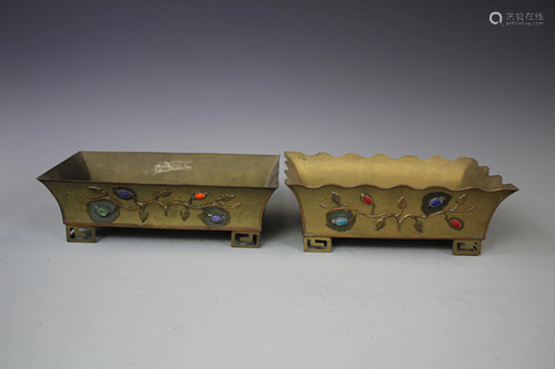 A Pair Of Hardstone Inlaid Brass Pots