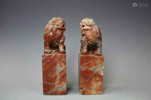 A Pair of Shoushan Carving of Mythical Beast Seals