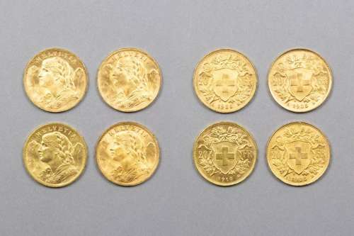 Lot comprenant quatre pièces en or de 20 francs su…