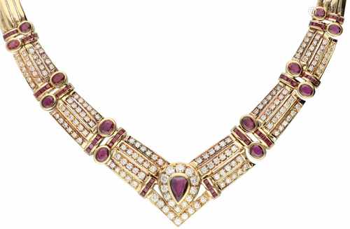 Italian design necklace yellow gold, ca. 3.10 carat diamond and ruby - 18 ct.