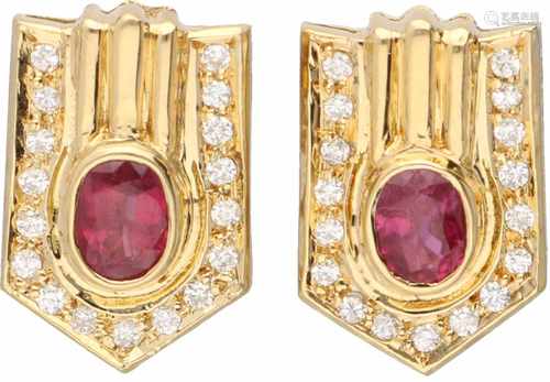 Italian design earrings yellow gold, ca. 0.34 carat diamond and ruby - 14 ct.