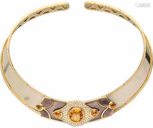 Italian design necklace bicolour gold, ca. 0.94 carat diamond, citrine and mother of pearl - 18 ct.