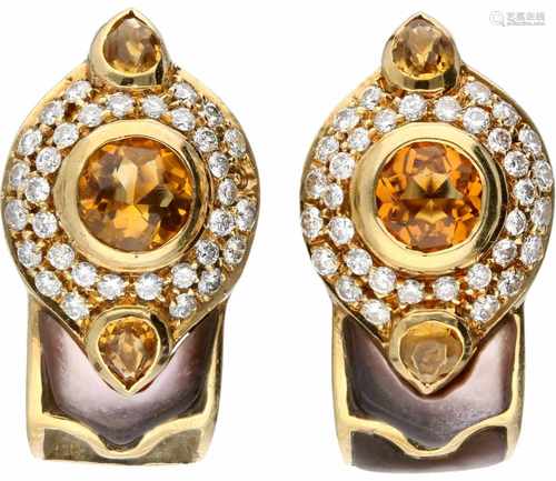 Italian design earrings yellow gold, ca. 0.50 carat diamond, citrine and mother of pearl - 18 ct.