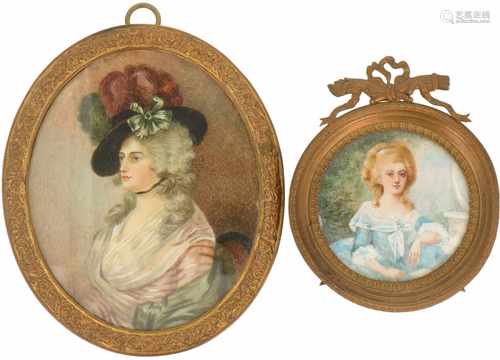 A lot with (2) miniature portraits framed in bronze. 19th century.