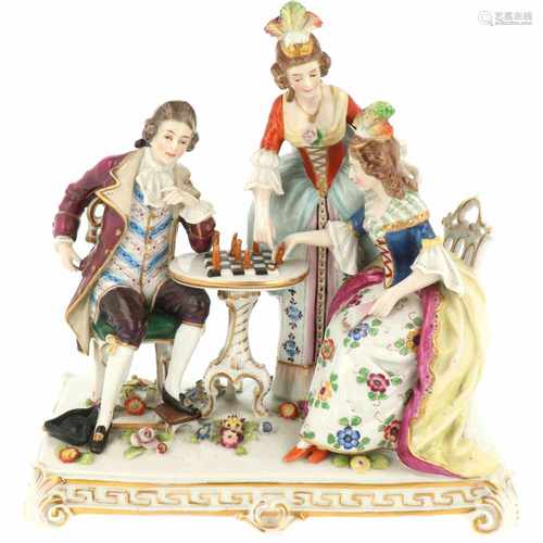 A porcelain group of chess playing ladies and a gentleman. Höchst, Germany, early 20th century.