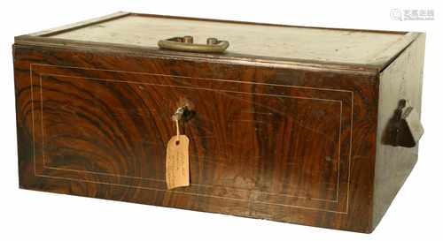 A wood iron document chest with key. Ca. 1900.