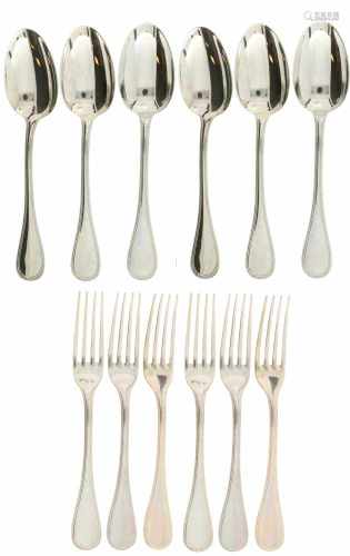 (12) Silvered Christofle 'Perles' dinner forks and spoons.