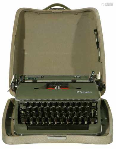 A portable Olympia typewriter in metal case. Very good cond.