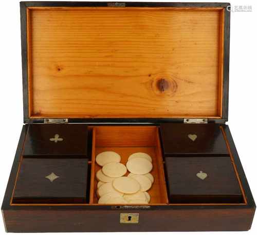 A mahogany veneered softwood box with bone chips in (4) different box compartments.