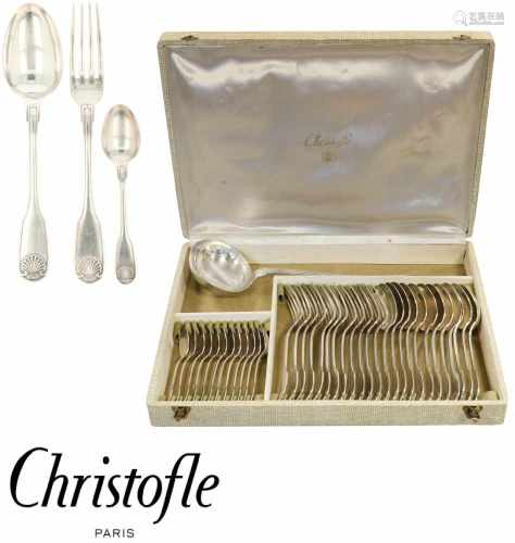 (37) Piece silvered Christofle 'Vendome' collection of flatware in cassette.