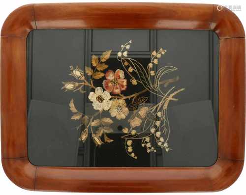 A wood Biedermeier style serving tray with embroidery of a bouquet of flowers. 19th century.