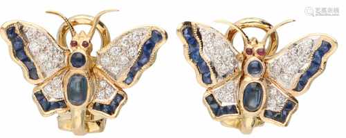 Flexibel butterfly earrings yellow gold, ca. 0.20 carat diamond, sapphire and ruby - 14 ct.