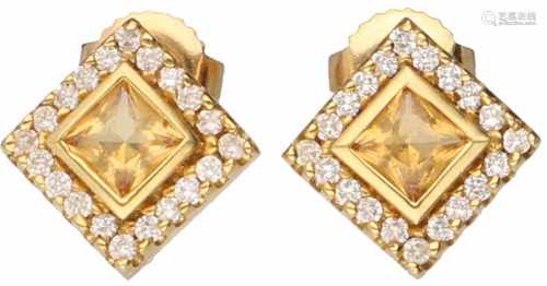 Earrings yellow gold, ca. 0.20 carat diamond and citrine - 18 ct.