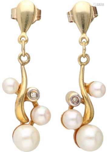 Earrings yellow gold, ca. 0.01 carat diamond and cultured pearl - 18 ct.