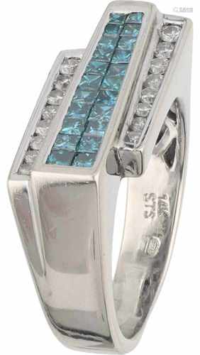 Design ring white gold, ca. 1.04 carat white and blue diamond - 14 ct.